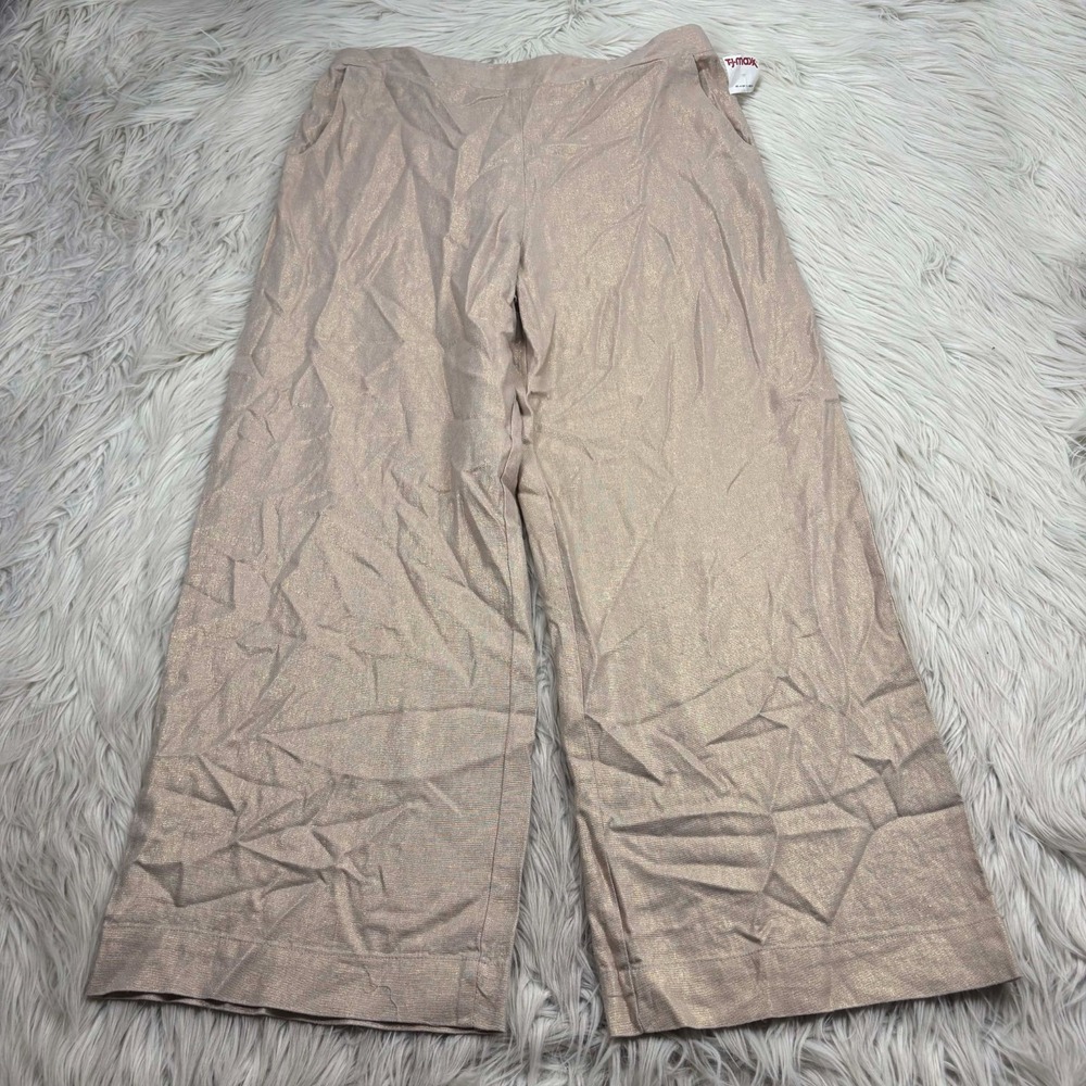 NWOT Halston Women's L Biege Gold Linen Blend Wide‎ Leg Pant Resort Pull On